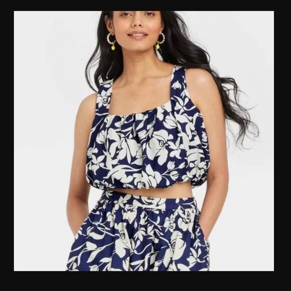 A new day Bubble Hem Floral Top - Navy/Cream - Small - Picture 1 of 7